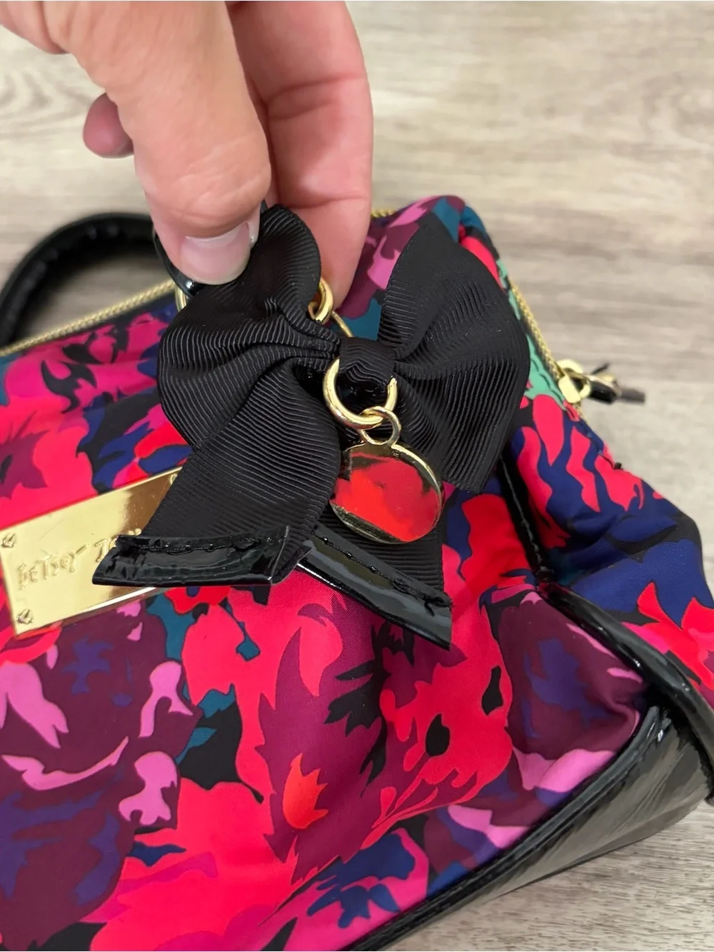 Betsey Johnson Mini Satchel Floral Pink Bow Bag Top Handle extra small